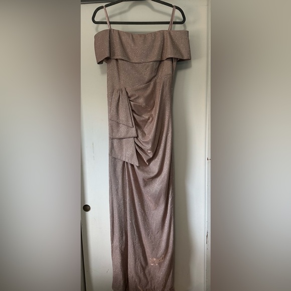 Xscape Elegant Off-Shoulder Blush Glitter Dress - Picture 7 of 9